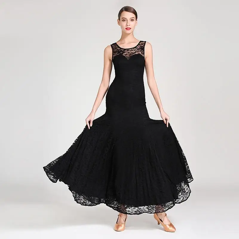 

Women Black Flamenco Dress Dance Wear Rumba Costume Foxtrot Dress Sleeveless Lace Ballroom Dance Clothes Standard Ballroom Dress