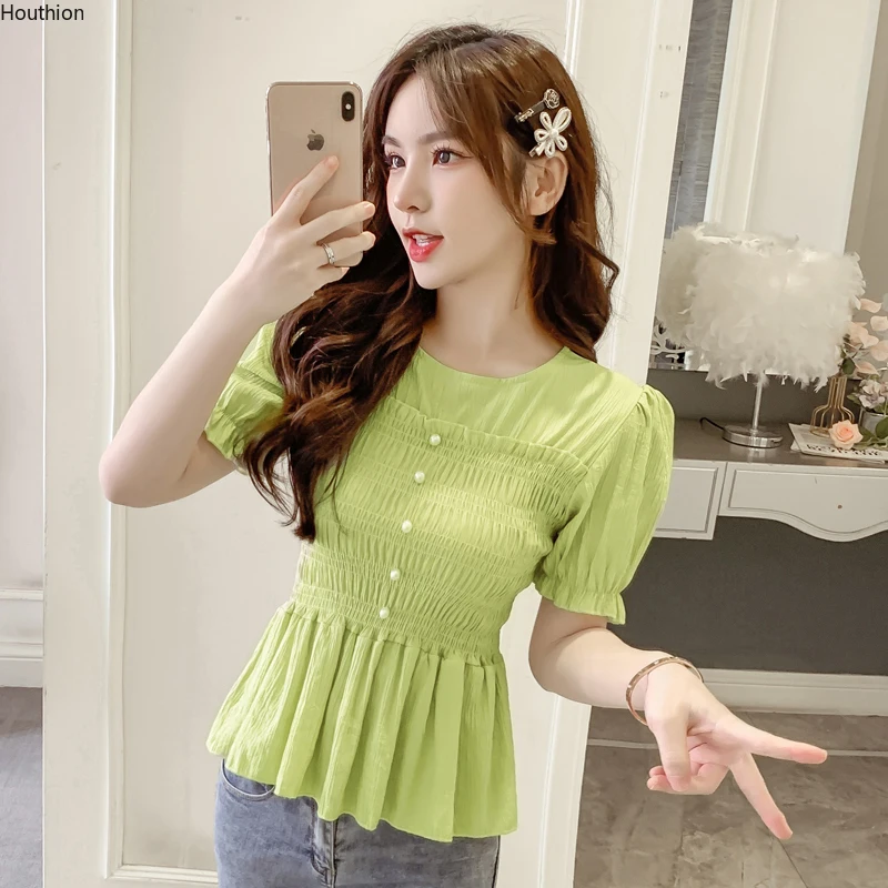 

Женская блузка Houthion с коротким рукавом, однотонные корейские модные топы с круглым вырезом, Повседневная Удобная шифоновая женская рубашка