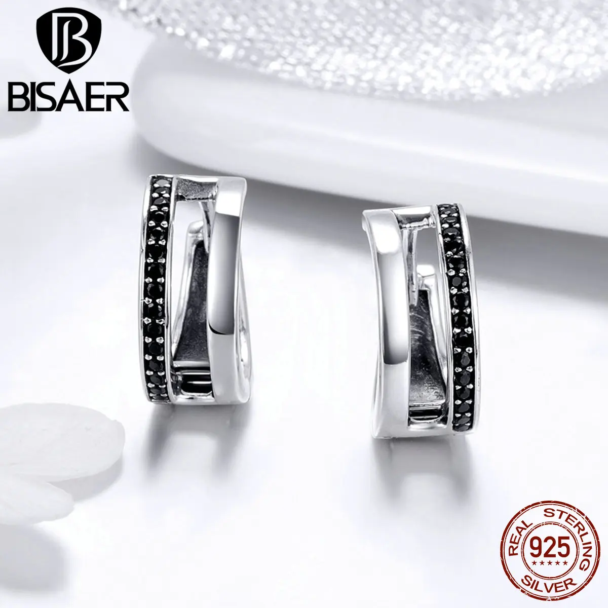 BISAER, серьги для женщин, 925 пробы, серебряные, крутые, черные, серьги-кольца, унисекс, панк, ювелирное изделие, прекрасный подарок, Argent Bijoux GXE444