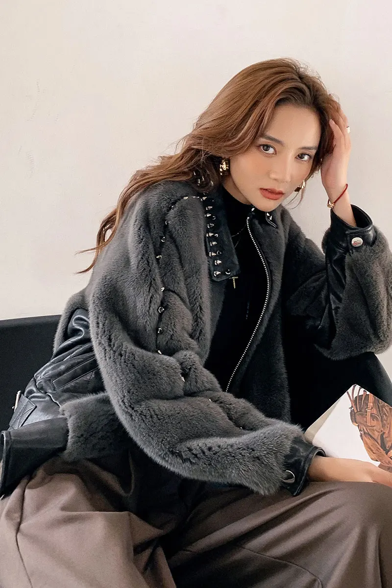 

MENINA BONITA 2021 Fashion Rivet Real Natural Mink Fur Winter Jacket Women Coat Sheep Genuine Leather Warm Outerwear Locomotive