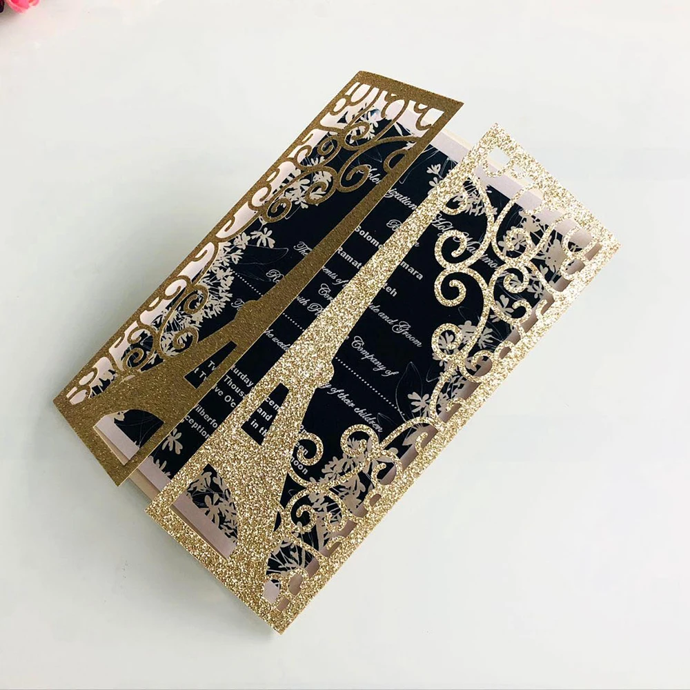 10pcs/set Glitter Embossing Invitation Cards 15*15CM for wedding business party Paris tower greeting card customized supplies