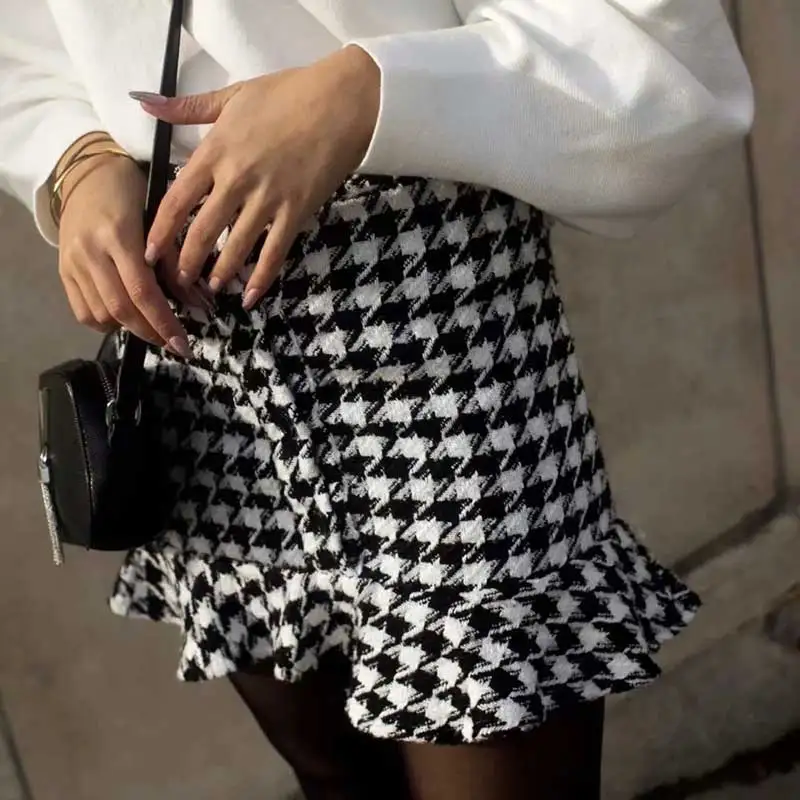 

SALEQI юбкой с рисунком «гусиные лапки» Для женщин мини осень пуговицы для юбки спереди сборками и скругленным вырезом плиссированная сексуал...