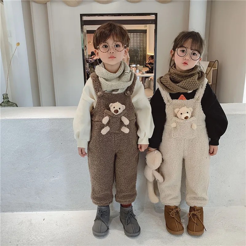 

Winter baby boys girls plus fleece warm overalls fashion all-match toddler kids cute pocket bear trousers children's bib pants
