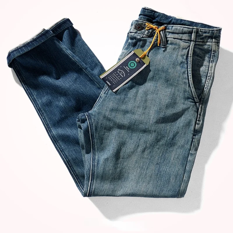 Vintage Jeans Men 's Straight Autumn and Winter Thickened Pants Men 's Distressed Stretch Denim Trousers