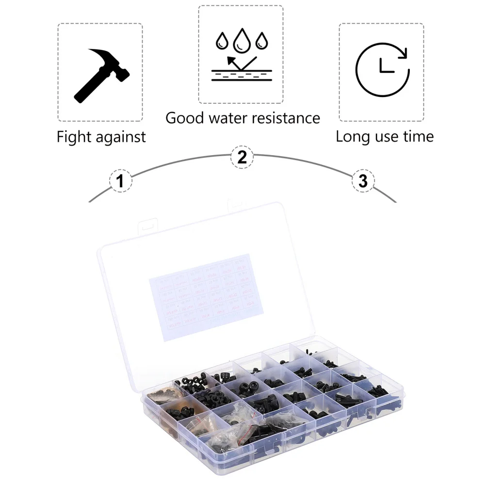 

1 Box/1060pcs Carbon Steel Screws and Nuts Durable Hex Socket Head Screws Set