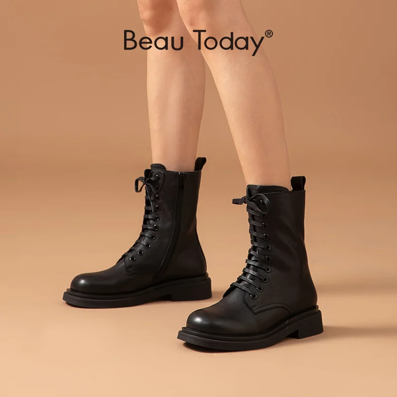 

BeauToday Ankle Boots Women Genuine Cow Leather Zip Lace-Up Round Toe Vintage Fashion Lady Motorcycle Shoes Handmade 04034
