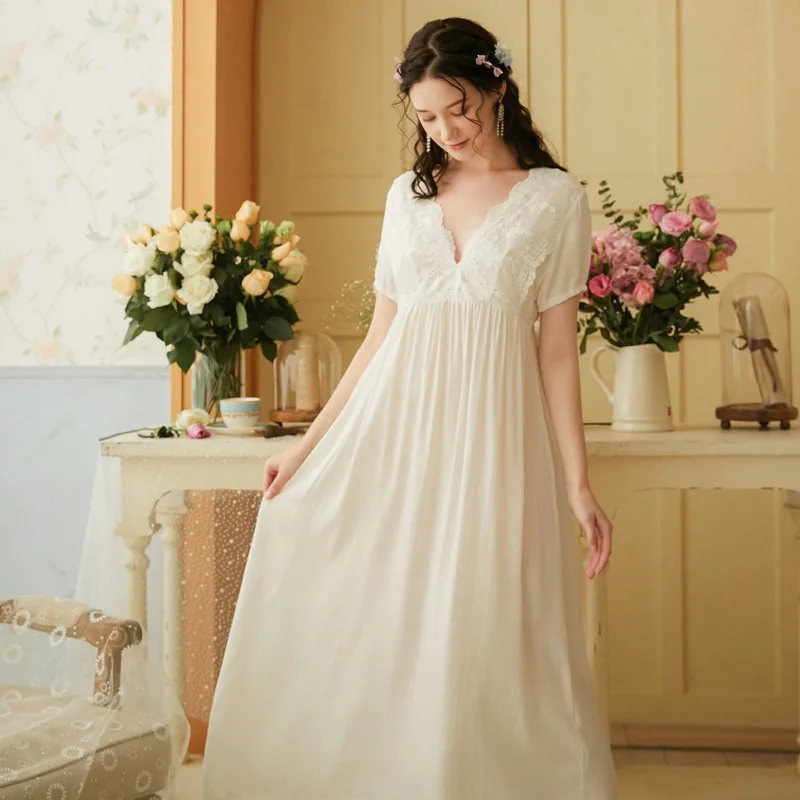 

Women's Vintage Gothic Victorian Night Dress White Cotton Flare Sleeve V Neck Lace Embellished Ruffle Hem Autumn Nightgown T682