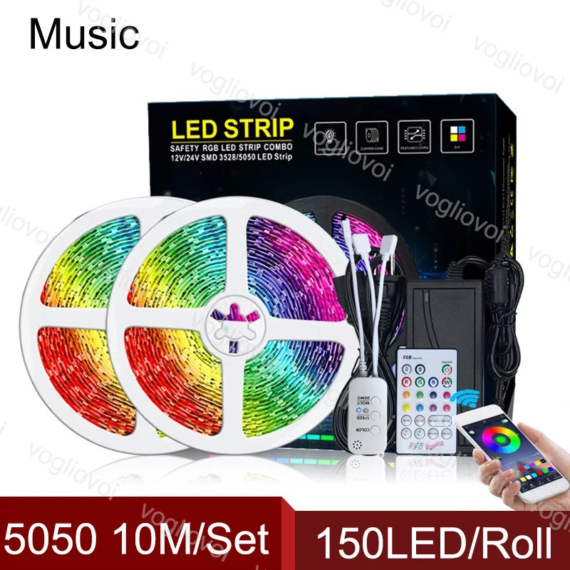 

Vogliovoi Led Light Strip Bluetooth Music 10M SMD5050 150Leds/Roll DC12V RGB 23keys 110-240V 6A Adapter For Courtyard KTV Plaza