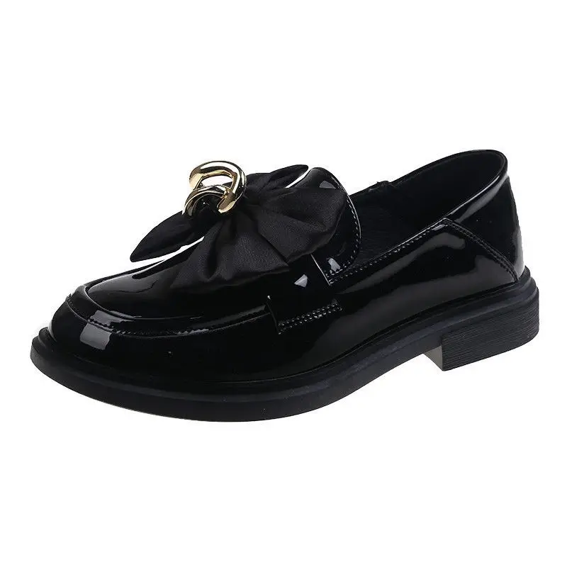 

2021 Autumn Women's Loafers Shoes Flats New Metal Buckle Bow Chain French Leather Black Shoes Non-slip Flat Shoes Woman