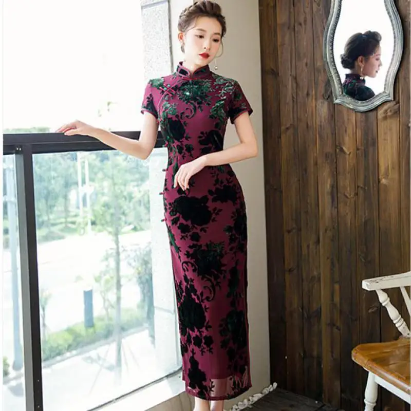 

Purple Long Spring New Cheongsams Oversize Sexy Qipao Elegant Celebrity Banquet Vestidos Female Velour Split Chinese Dress Gown