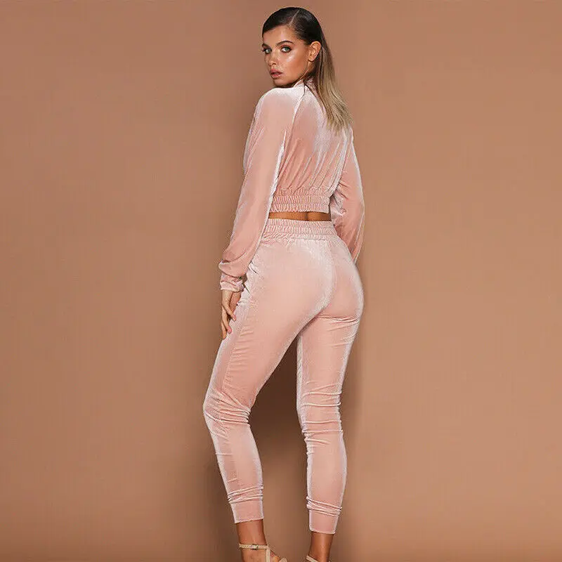 

2019 Women Long Sleeve Zipper Elasic High Waist Pants Top Set Tracksuit Jumpsuit