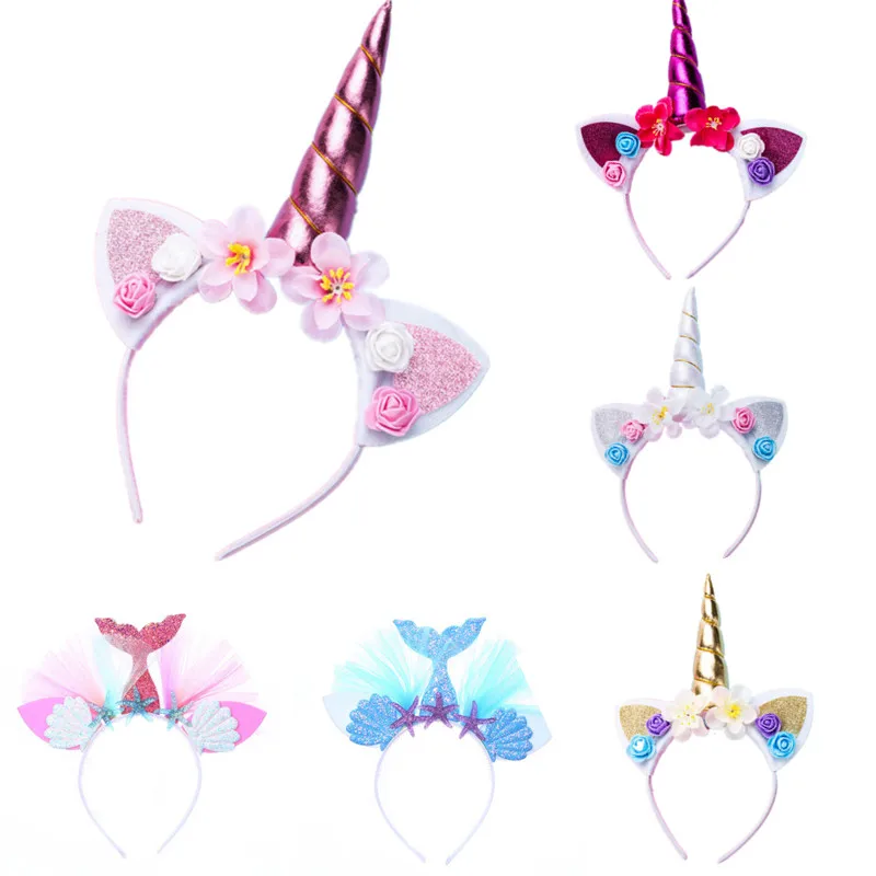 

2 Types Fashion Magical Unicorn Headband Sweet Flower Unicorn Horn Hair Band Birthday Party Flower Headwear For kids