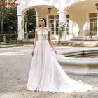 Богемное свадебное платье Бохо цвета слоновой кости кружевная персиковая Тюлевая юбка со шлейфом Современные Простые сексуальные открытые иллюзионные пуговицы пляжные платья для невесты