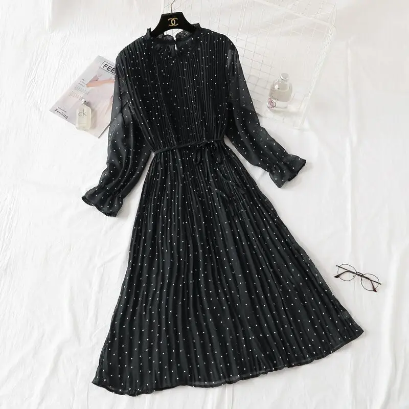 

2020 Women Print Pleated Chiffon Dress Spring Summer New Hot Fashion Female Casual Flare Sleeve Lotus leaf neck Basic Dresses