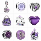 Браслеты-шармы Pandora женские, ювелирные украшения для девочек, фиолетовое сердце, Бабочка, замок, сверкающие циркониевые бусины-шармы, оригинал