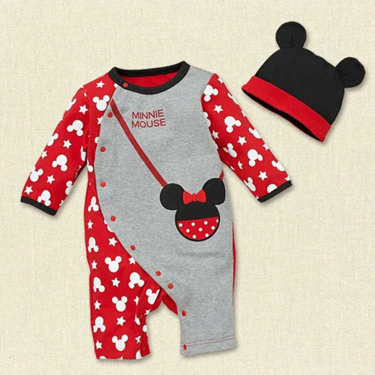 Red Mickey Г. Осенние детские комбинезоны с длинными рукавами и шапками, 2 шт., одежда для маленьких девочек комплекты одежды для новорожденных с рисунками животных Микки и Минни - Цвет: Red Mickey