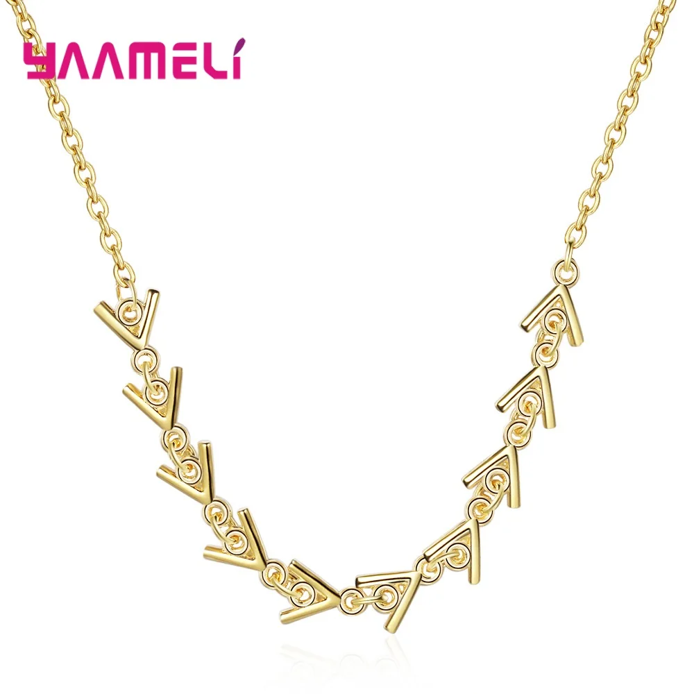 

Korean Asymmetric 925 Sterling Silver Pendant Necklaces Gold Color Fish Bone Triangle Back Design Clavicle Chain Necklace