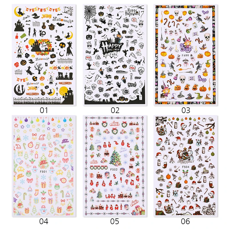 1PC Christmas Halloween 3D Nail Stickers Cartoon Santa Claus Bat Pumpkin Transfer Decals Decoration Manicures Accessories | Красота и