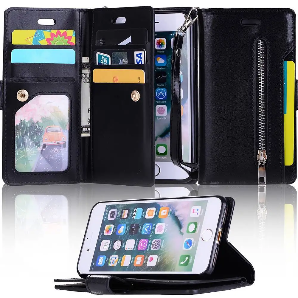 Black L-FADNUT для iPhone X, Xr, Xs, 11 Pro, Max, 8, 7, 6 S, 6 Plus, 5, 5S, SE, кошелек на молнии, чехол для телефона, флип, подставка, держатель, кожаные чехлы - Цвет: Black
