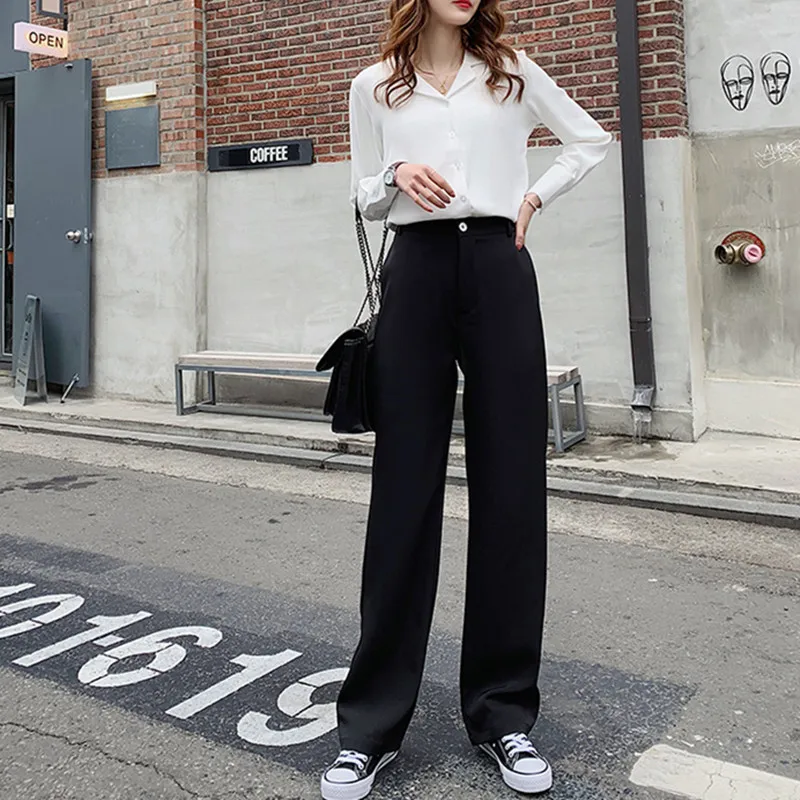 OL Стиль Широкие брюки женские Новые однотонные с высокой талией элегантные