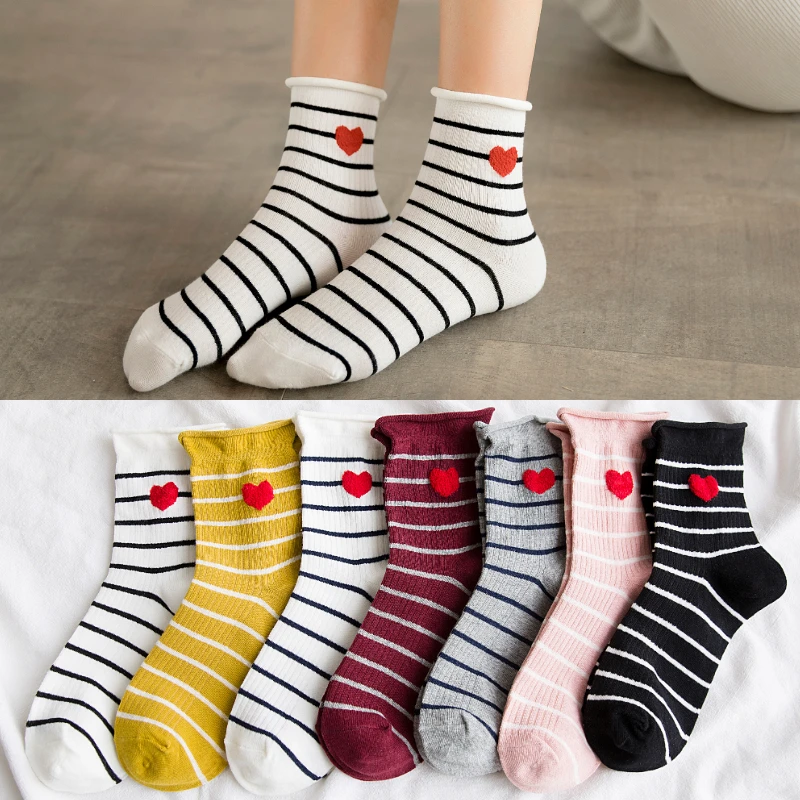 

Striped Crew Women's Socks Harajuku Cotton Love Pattern High Quality Novelty Funny Fashion Casual Tide Socks Happy Korean Cheap