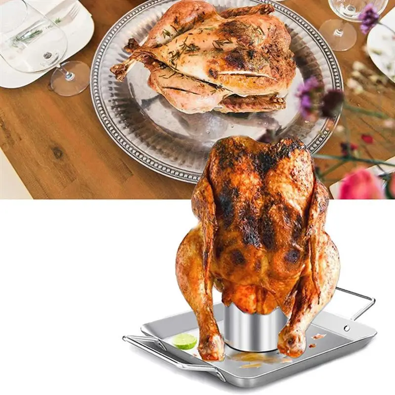 

Beer Can Chicken Roaster Stand 304 Stainless Steel Barbecue Chicken Grill Rack Holder With Vegetable Pan Kitchen Accessories