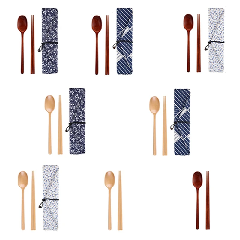 

Wooden chopsticks spoon simple set chopsticks spoon combination Convenient outdoor travel gift tableware with cloth bag