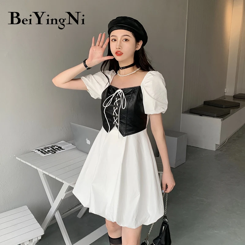 

Женское винтажное платье Beiyingni, шикарное черное лоскутное платье из искусственной кожи на шнуровке с пышными рукавами, женские платья для в...