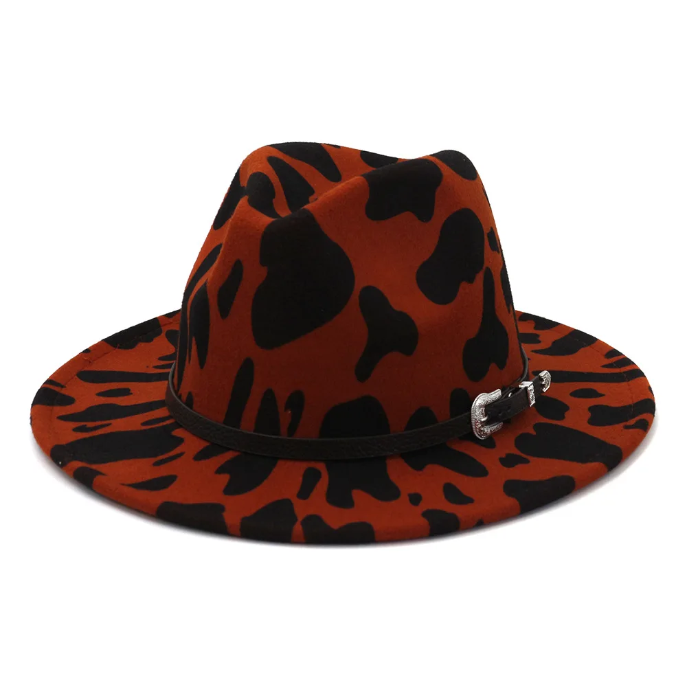 

ZLD Autumn winter Fedoras cap British style fashion belt silver buckle head leopard print unisex hat big brim hat lady jazz hat