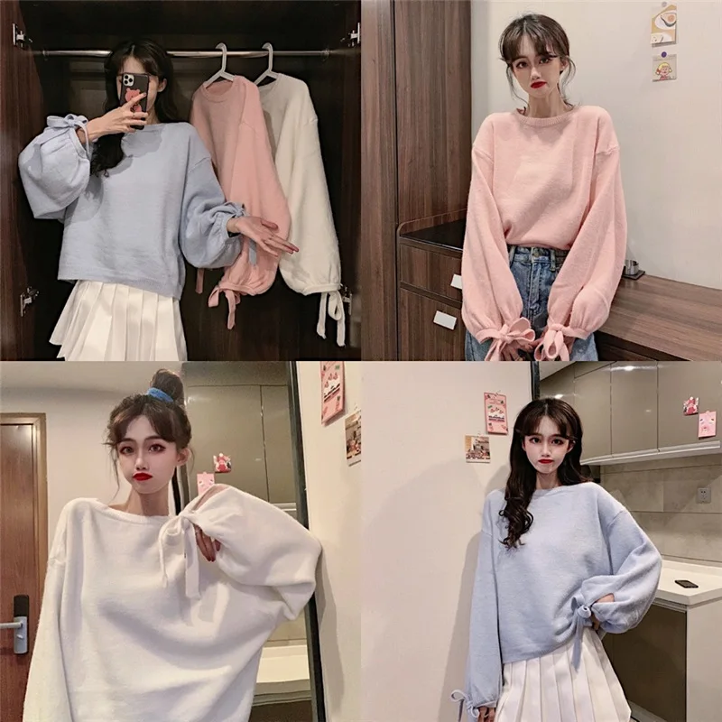 

Korean Fashion Ladies Full Sleeve Women Knitting Sweater Solid O-Neck Pullover And Jumper Loose Sweater With Lace Up Sleeve