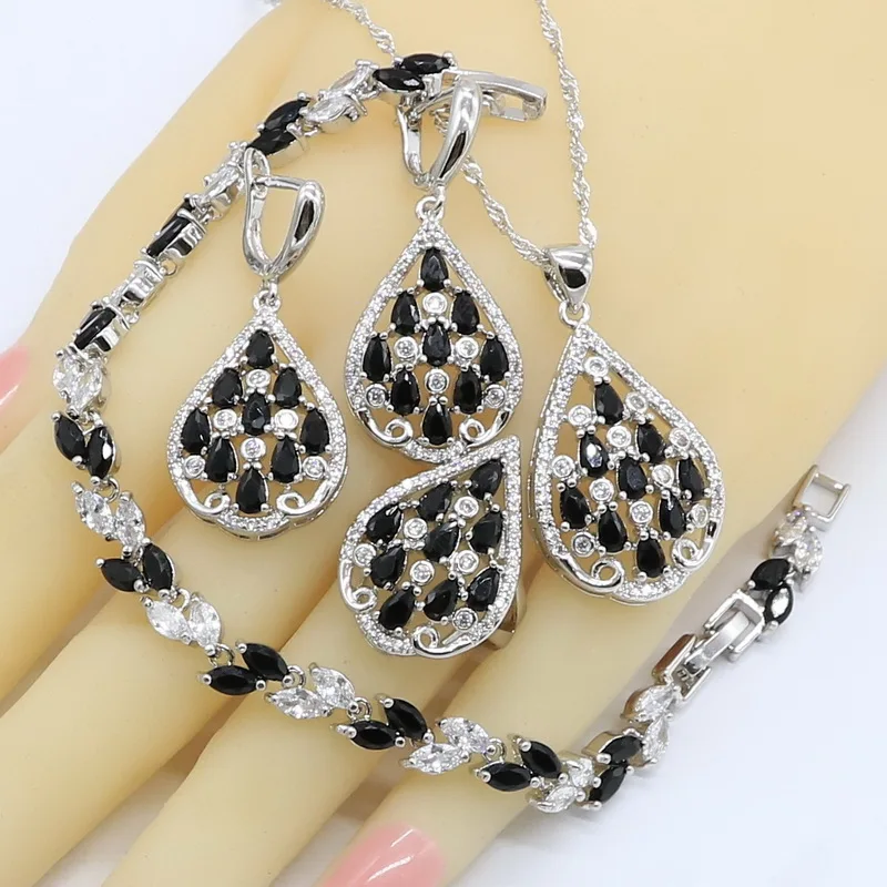 Black White Zircon 925 Silver Wedding Jewelry Sets for Women with Bracelet Earrings Necklace Pendant Ring Gift Box