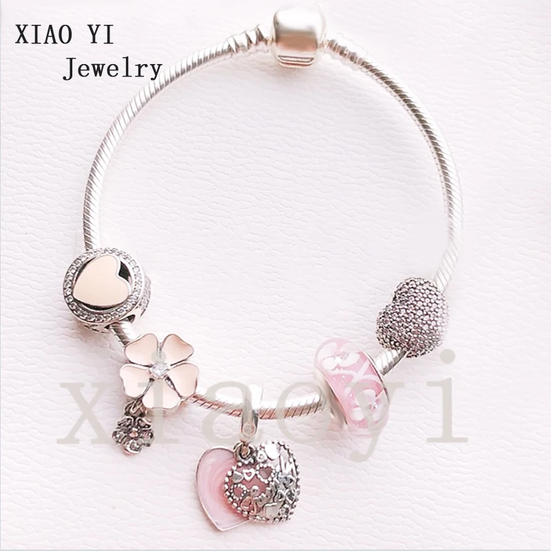 

XIAOYI 2020 New 100% S925 Pink flower love coloured glaze romantic fashion gift haute jewelry DIY bracelet wedding party female