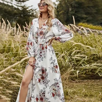 bohemian drawstring v neck print womens 2021 summer dress free shipping