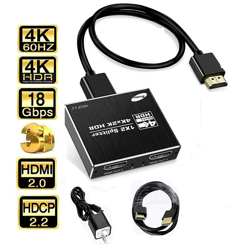 

4K HDMI splitter 1x2 HDMI 2.0 splitter 1 in 2 out HDMI amplifier switch HDR, with HDCP2.2 cracking for Apple TV box