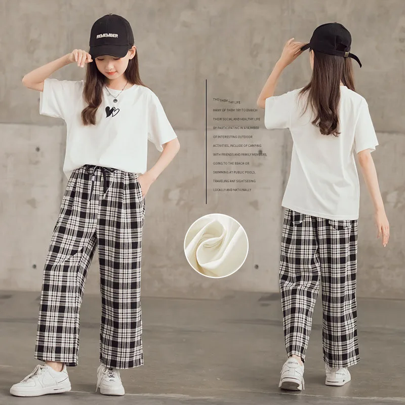 

Girls Pants Sets Fashion Printing White T-shirt Plaid Trousers Two-piece Suit Loose Casual Teen Kids Tracksuit Children Clothing