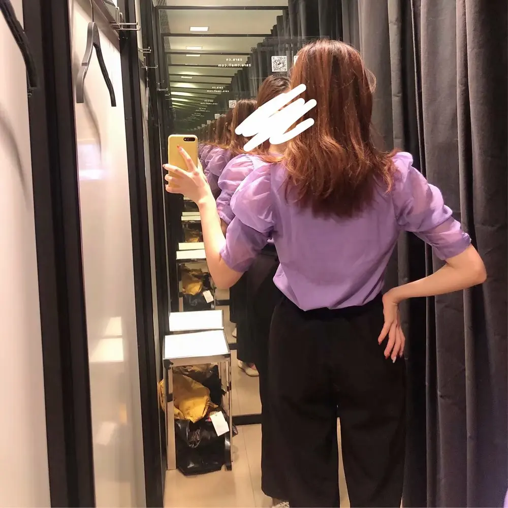 

YNZZU Purple White Organza Sleeve Patchwork Women Tops and Blouses 2002 Summer Puff Sleeve Female Blouse Shirt Chic Blusas AT583