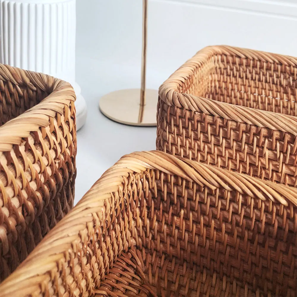

Hand-Woven Rectangular Rattan Wicker Basket Fruit Tea Snack Bread Picnic Cosmetic Storage Box Kitchen Supplies Household Tools