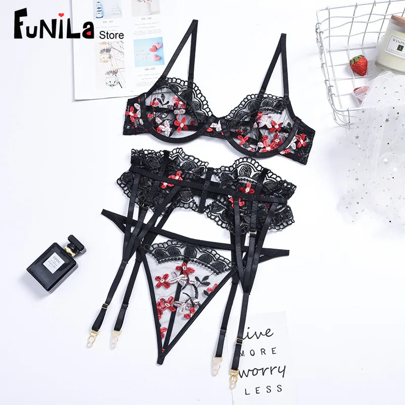 

Transparent Lingerie Women See Through Bra and Panty Set Floral Embroidery Underwear Black Lingerie Lace Lenceria Sexy Bralette