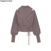 turtleneck drawstring puff sleeve knitted sweaters sweet loose shoulder strapless women tops autumn winter new pullovers