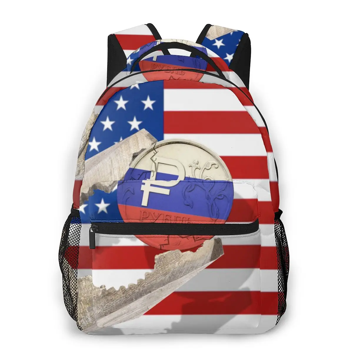 

Female Backpack Russian Ruble Coin Being Squeezed In Vice On USA Flag Women Backpack College School Bagpack Travel Shoulder Bags