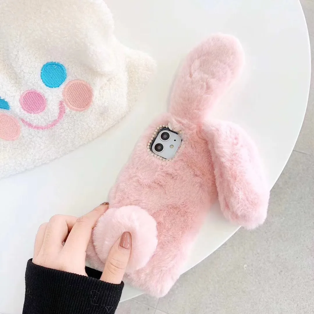 

12 Mini Case cute Fluffy Rabbit Fur Silicone Plush back cover For iphone 11 Pro Max Case For Apple iPhone 12 Pro Max Phone Case