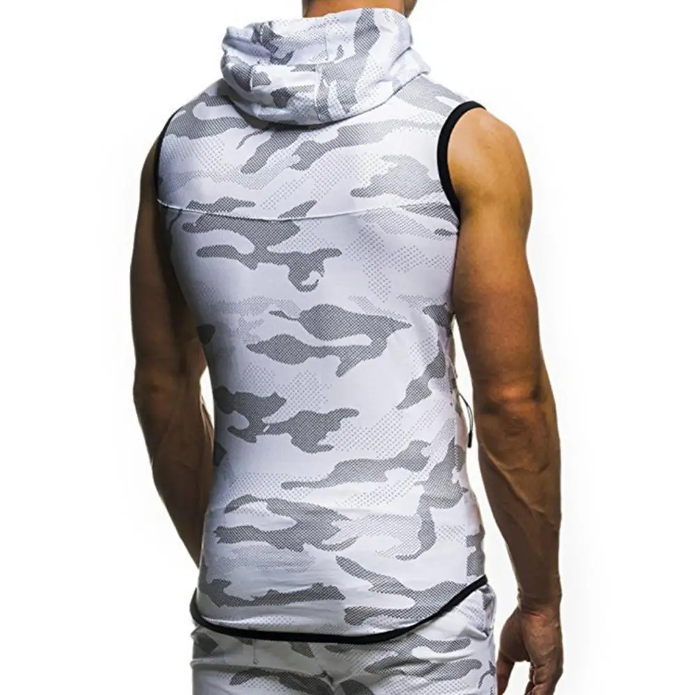 

Fashion Summer Men Gym Fitness Camouflage Mesh Hoodies Zip Up comfortable to wear Sleeveless Hooded
