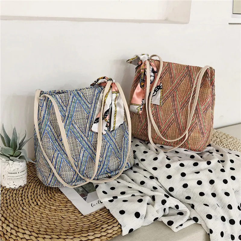 Летняя сумочка из соломы LISM новинка 2019 модная сумка через плечо шарф ведро с