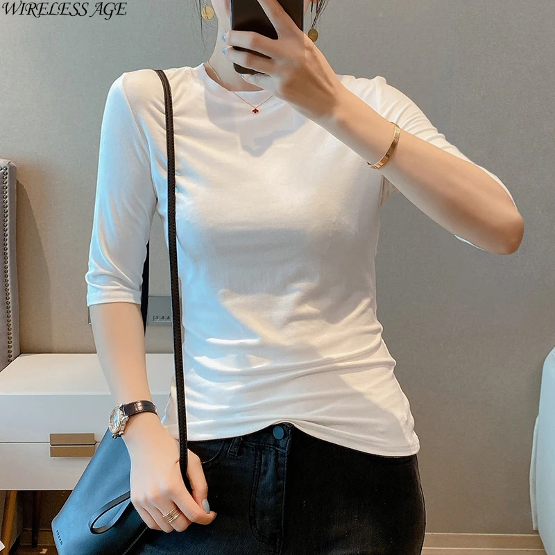 

WIRELESS AGE T Shirt Women Round Neck Slim Fit Solid Color Long Sleeve Small Shirt Sweet Style Lady Tops Summer New Fashion Wild