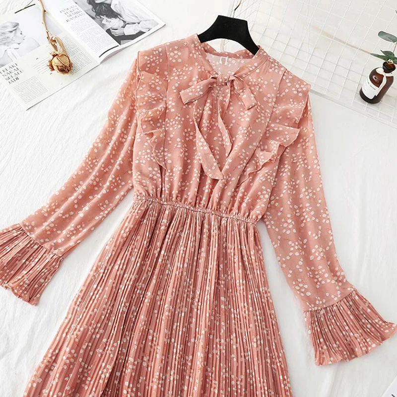 

2020 Fashion Women Floral Print Chiffon Dress High Elastic Waist Flare Sleeve office Ladies Midi Dress Spring summer Vestidos