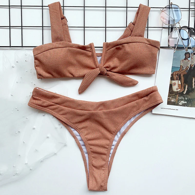 Sexy 2020 V-Bar Knotted High Waist Bikini Female Swimsuit Women Swimwear Two-pieces set Ribbed Bather Bathing Suit Swim | Женская одежда