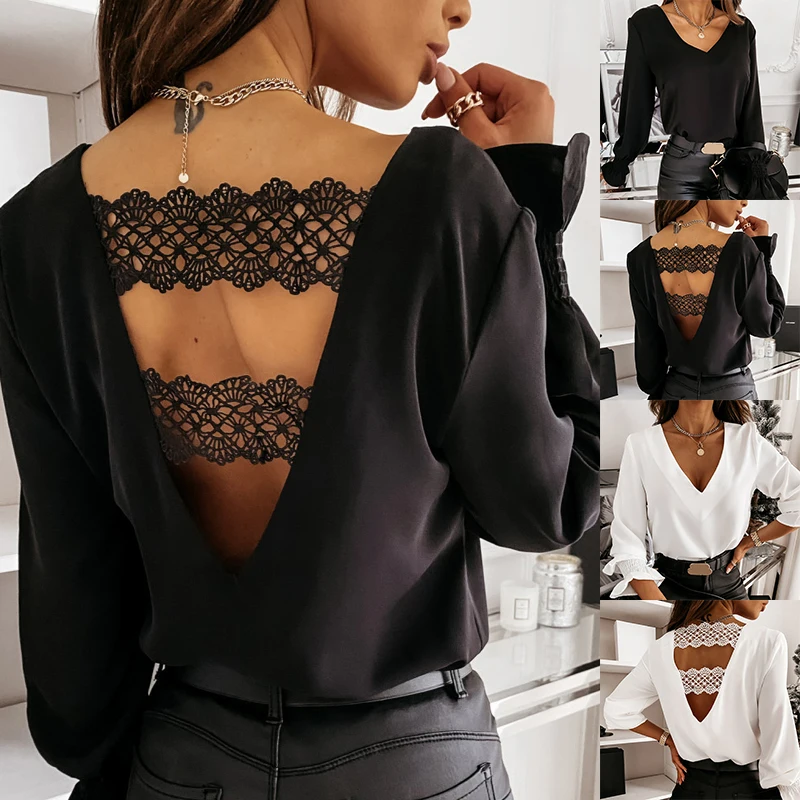 Женская Кружевная туника с длинным рукавом V образным вырезом|Рубашки| |
