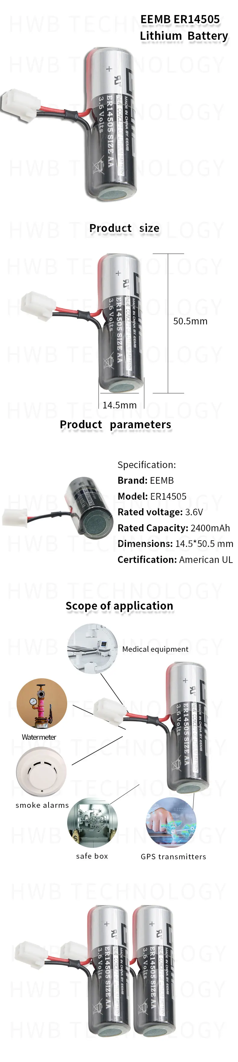 2 шт./лот Новинка EEMB ER14505 AA 3,6 V 2400mAh литиевая батарея с вилкой