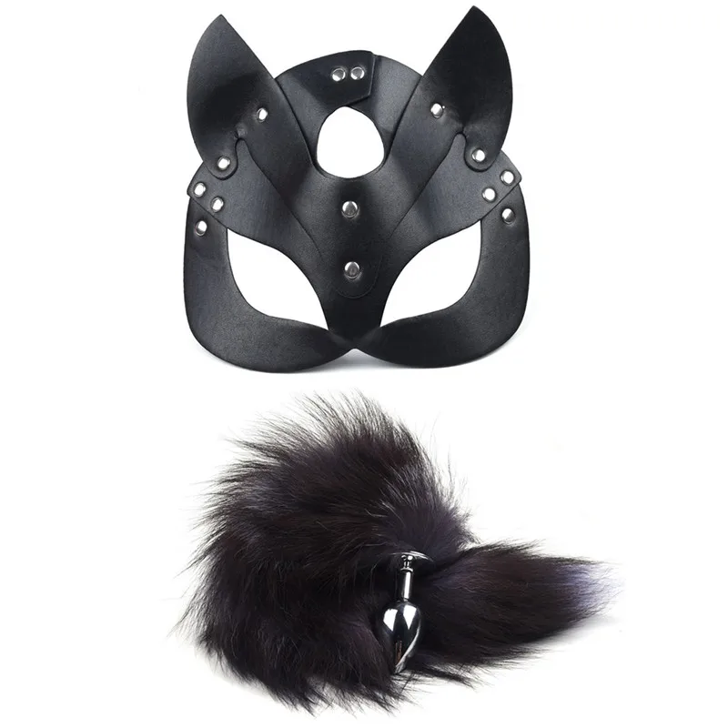 

40CM Fox Tail Anal Plug With Leather Cat Mask Porn Fetish BDSM Bondage PU Leather Roleplay Sex Toy For Men Women Cosplay Games