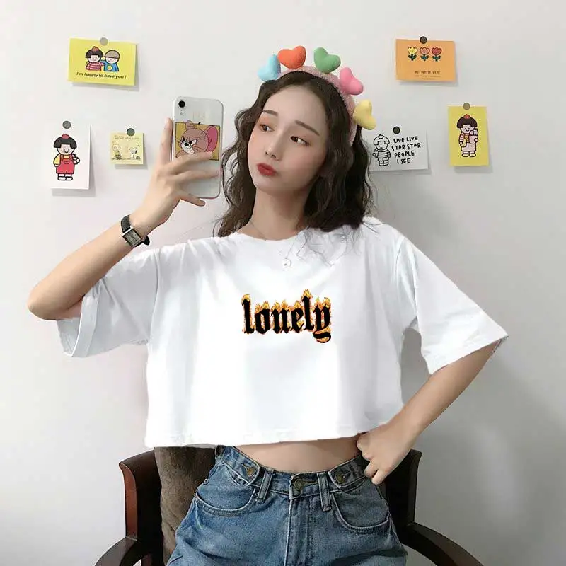 

New Summer Women Crop Top Printing Lonely Frame Pattern Fashion All-Match Casual Japanese Korean Harajuku Style Personality Tees
